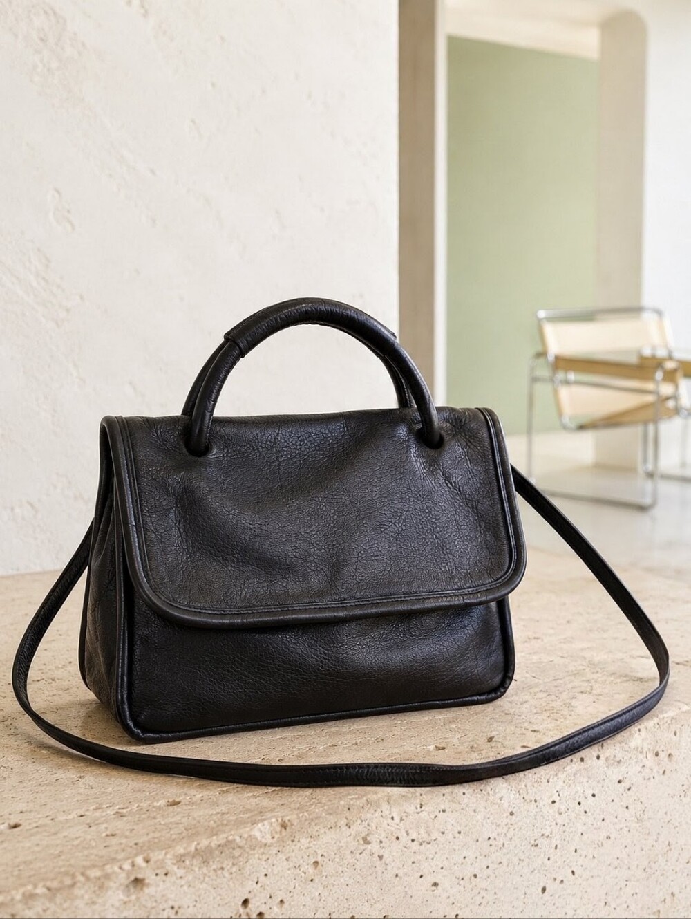 Vintage Francesco Biasia Black Leather Top Handle Shoulder Bag Italy